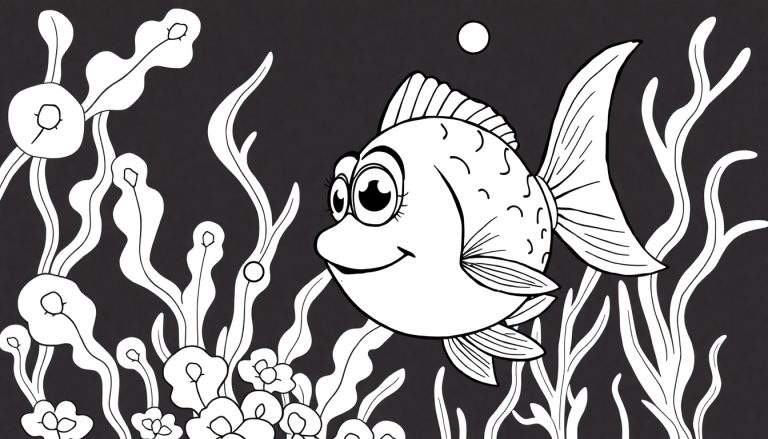 Desenho em preto e branco de um peixe feliz em um color panel aquático com algas e bolhas.