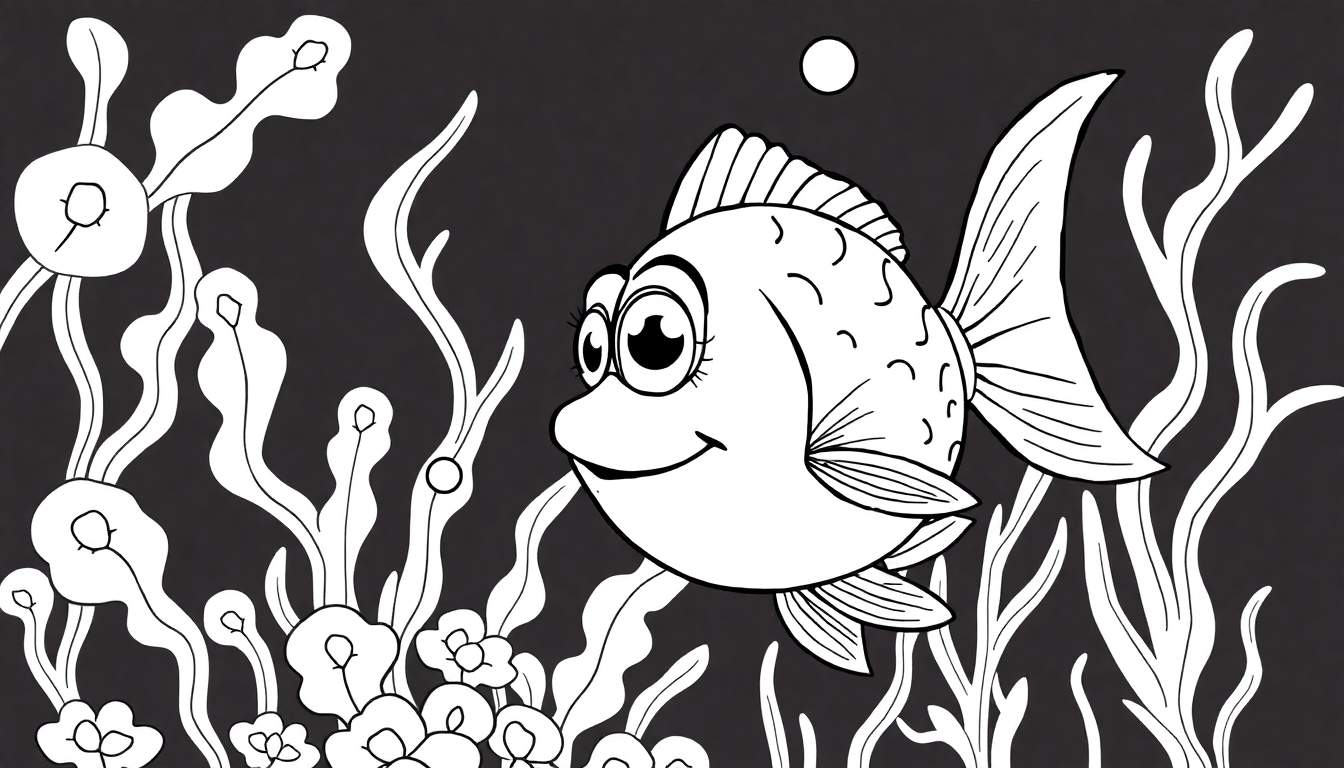 Desenho em preto e branco de um peixe feliz em um color panel aquático com algas e bolhas.