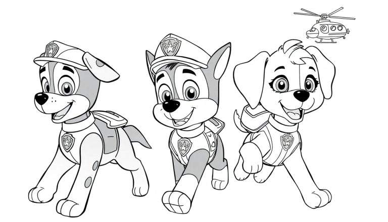 Página para colorir da Patrulha Canina com Marshall, Chase e Skye.