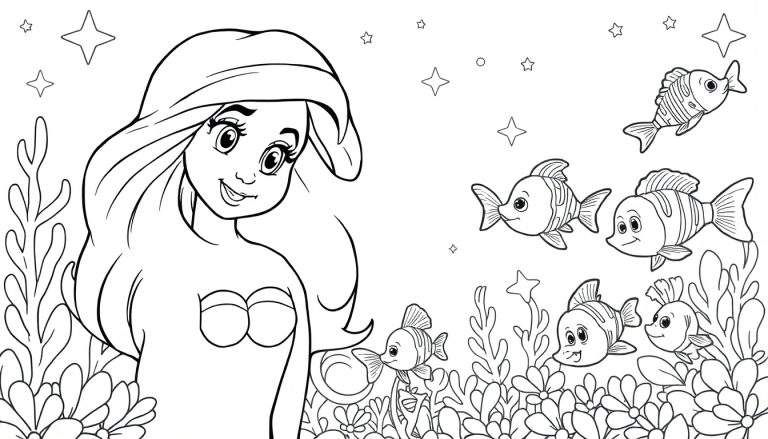 Desenho a preto e branco de Ariel, a Pequena Sereia, a sorrir num cenário subaquático com peixes e plantas. Adequado para um color panel.
