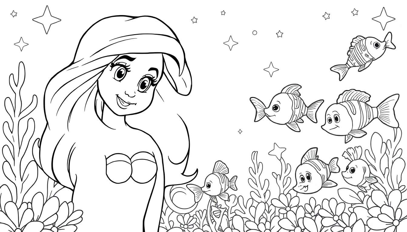 Desenho a preto e branco de Ariel, a Pequena Sereia, a sorrir num cenário subaquático com peixes e plantas. Adequado para um color panel.