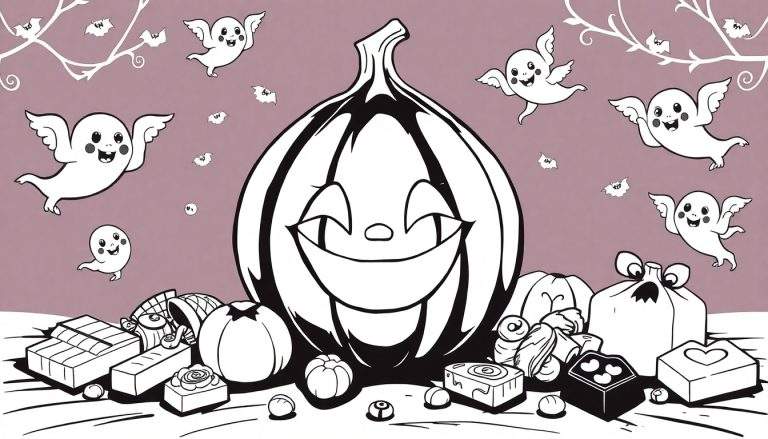 Ilustração em preto e branco de uma cena de Halloween com uma abóbora sorridente, doces e fantasmas voadores, ideal para um color panel.