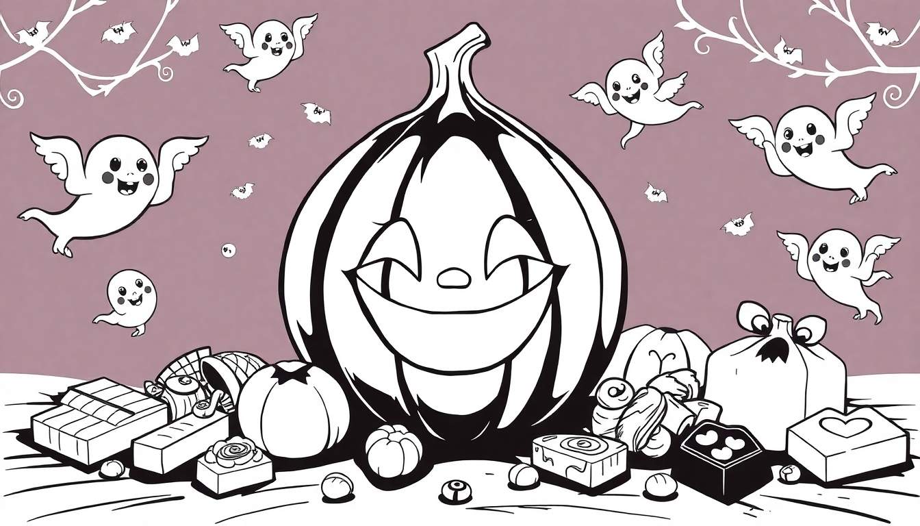 Ilustração em preto e branco de uma cena de Halloween com uma abóbora sorridente, doces e fantasmas voadores, ideal para um color panel.