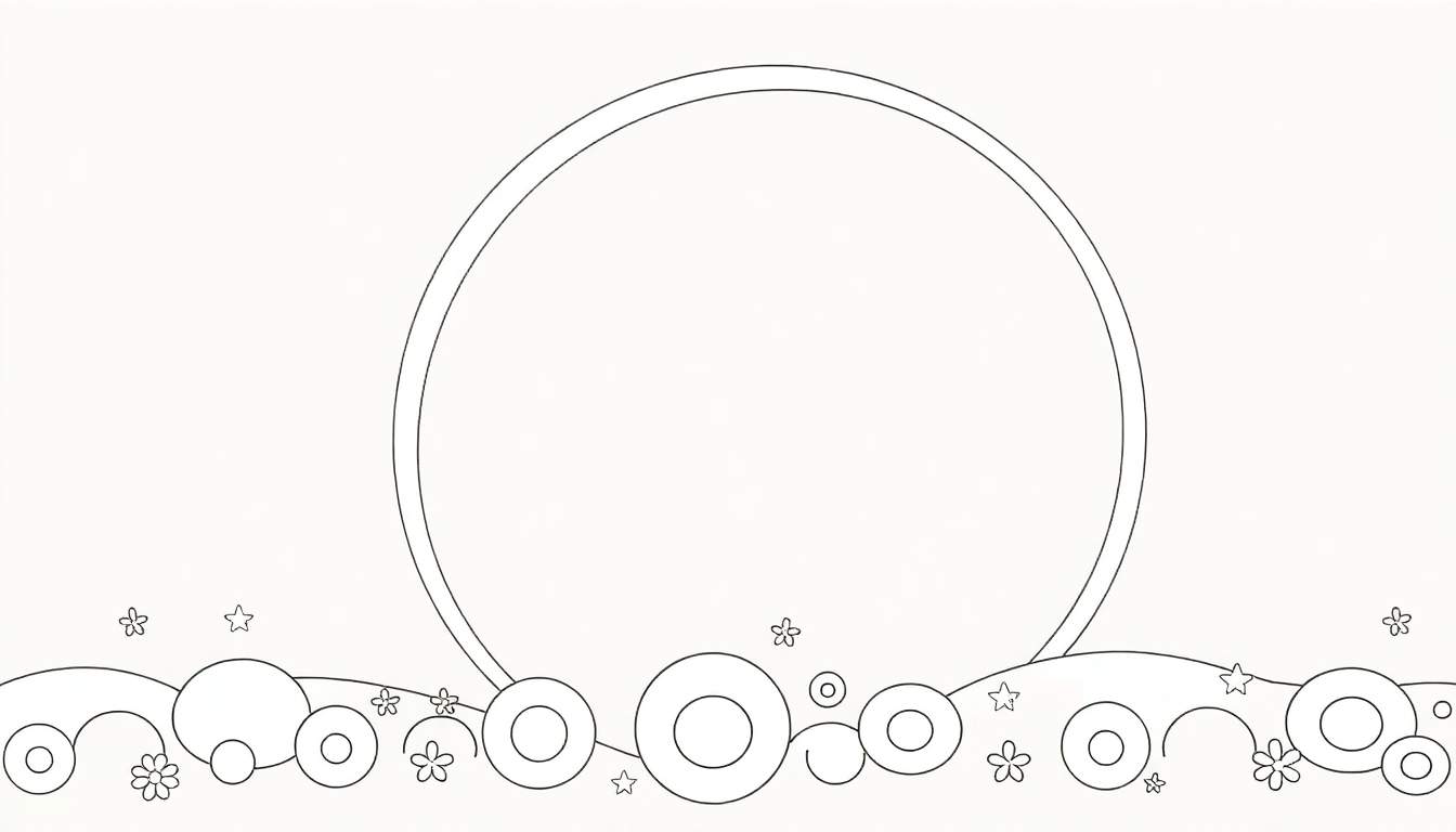 Um color panel com um grande círculo central e uma linha ondulada decorada com círculos e estrelas, pronto para ser colorido.