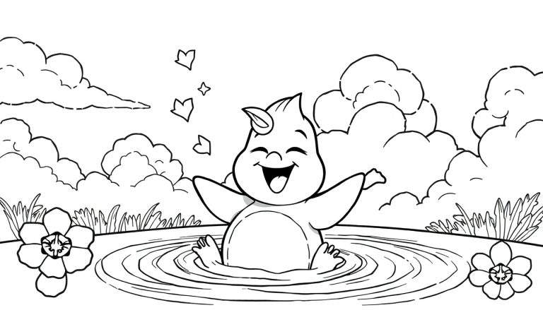 Um adorável dragão sentado na água com corações e estrelas flutuando acima, pronto para ser colorido.