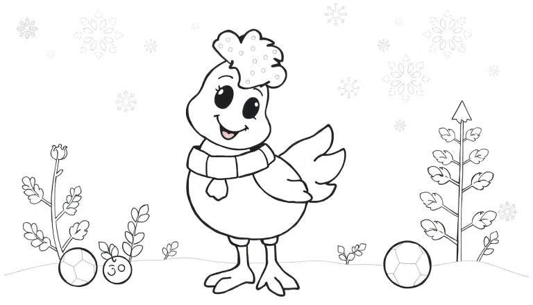 Um frango fofo vestindo um cachecol, em pé na neve e pronto para ser colorido em um color panel.