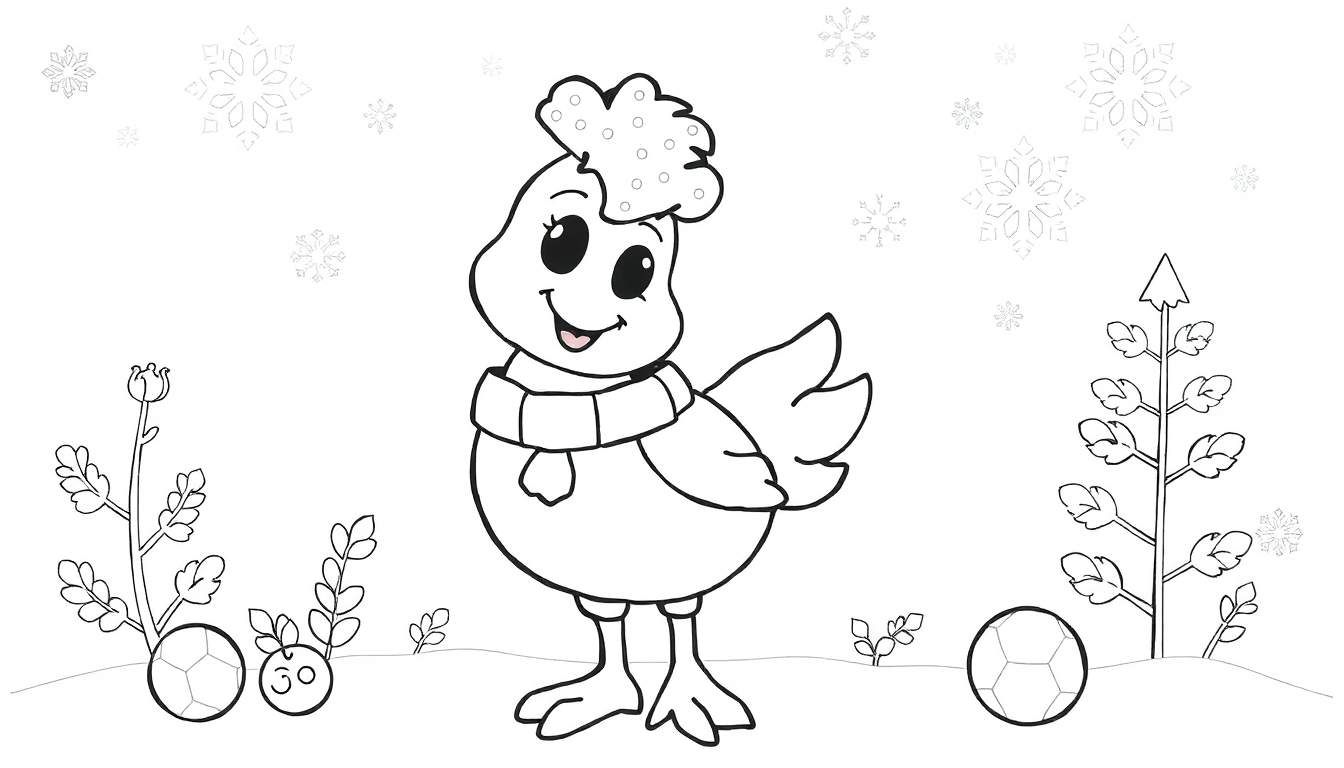 Um frango fofo vestindo um cachecol, em pé na neve e pronto para ser colorido em um color panel.