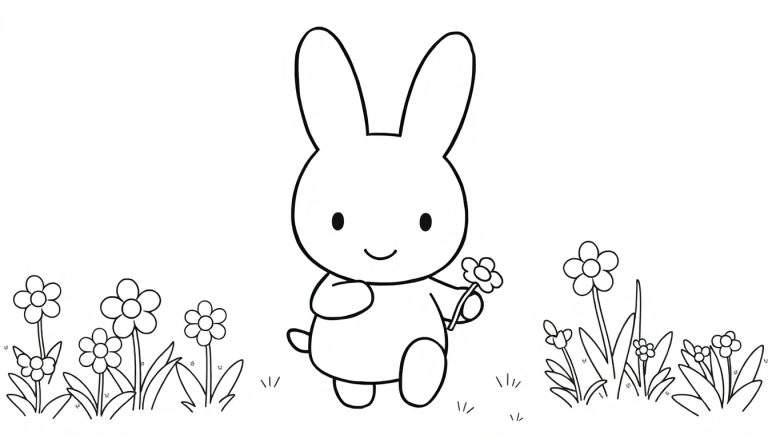 Miffy o coelho sorrindo, pronta para ser colorida, segurando uma flor, rodeada de outras flores. Um color panel divertido.