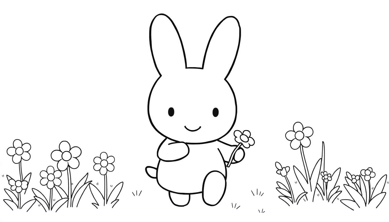 Miffy o coelho sorrindo, pronta para ser colorida, segurando uma flor, rodeada de outras flores. Um color panel divertido.