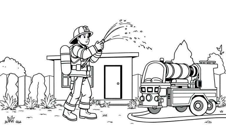 Um desenho a preto e branco de um bombeiro a usar uma mangueira num color panel.
