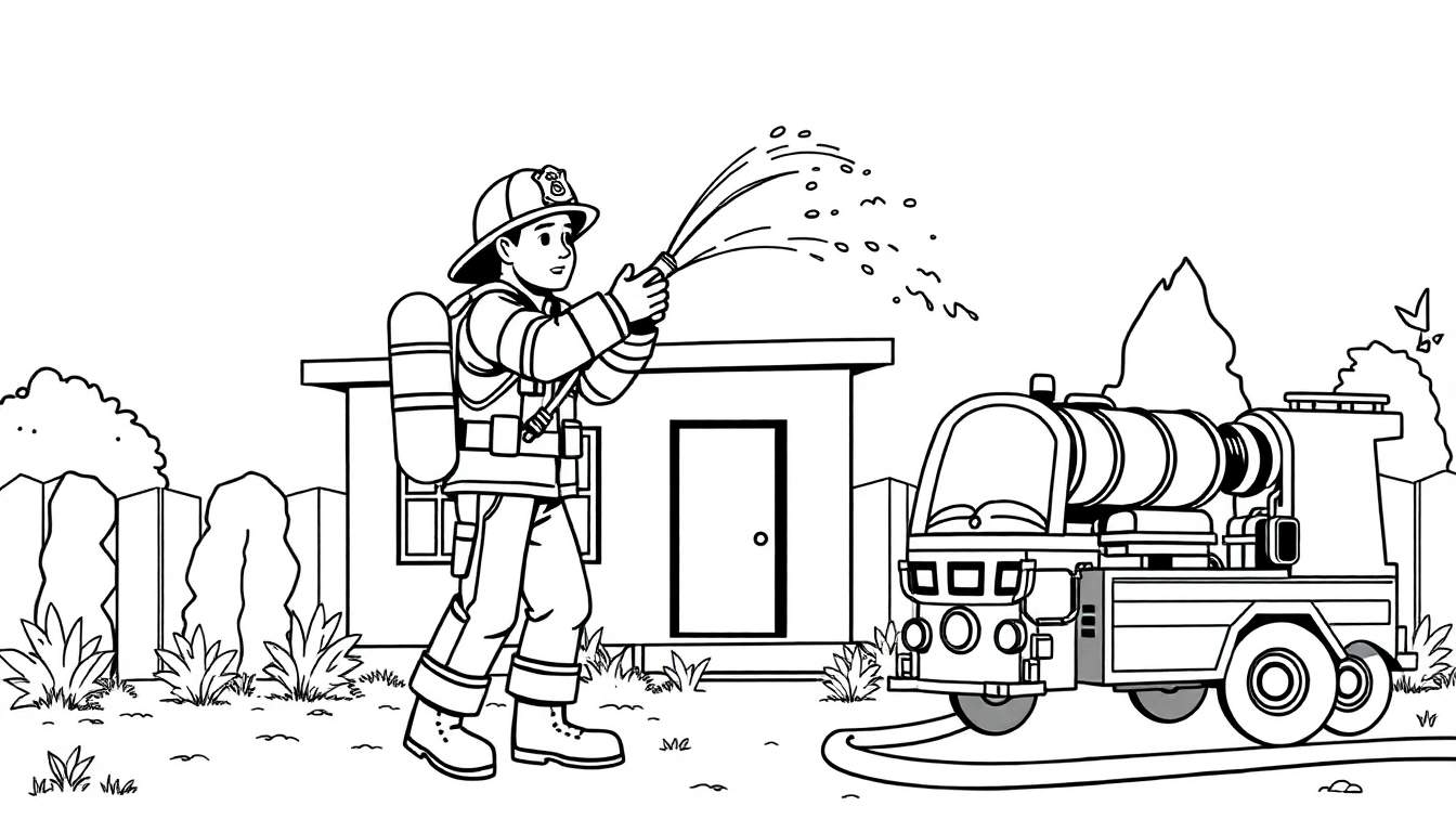 Um desenho a preto e branco de um bombeiro a usar uma mangueira num color panel.