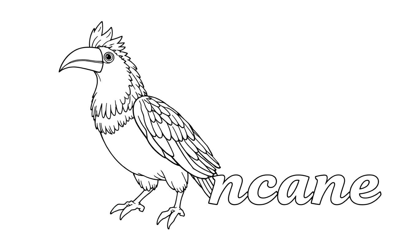 Desenho de contorno de um hornbill tropical com a palavra 'ncane' atrás, perfeito para um color panel.