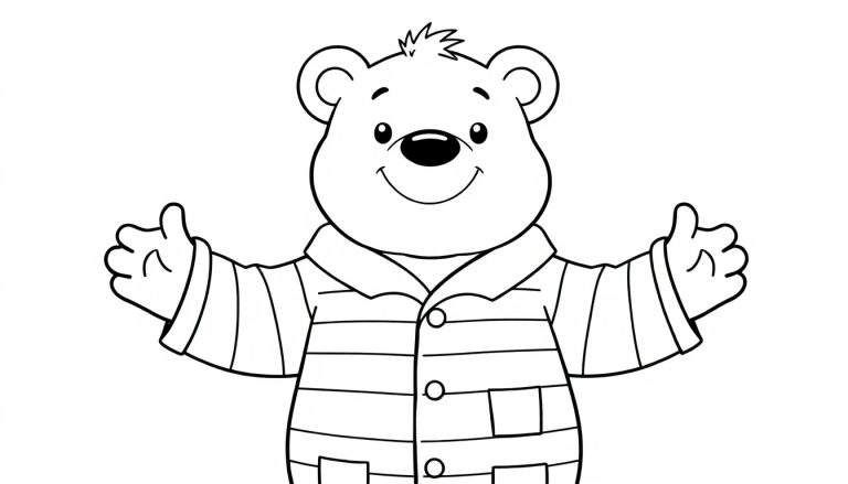 Um urso de desenho animado em preto e branco, com grandes olhos redondos e pretos, um nariz grande e redondo, um pequeno tufo de cabelo no topo da cabeça, usando uma camisa listrada com botões, e mostrando os polegares para cima. Este é um color panel.