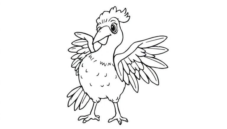 Um desenho a contorno de um pássaro alegre com as asas abertas, pronto para colorir. Este color panel é divertido!