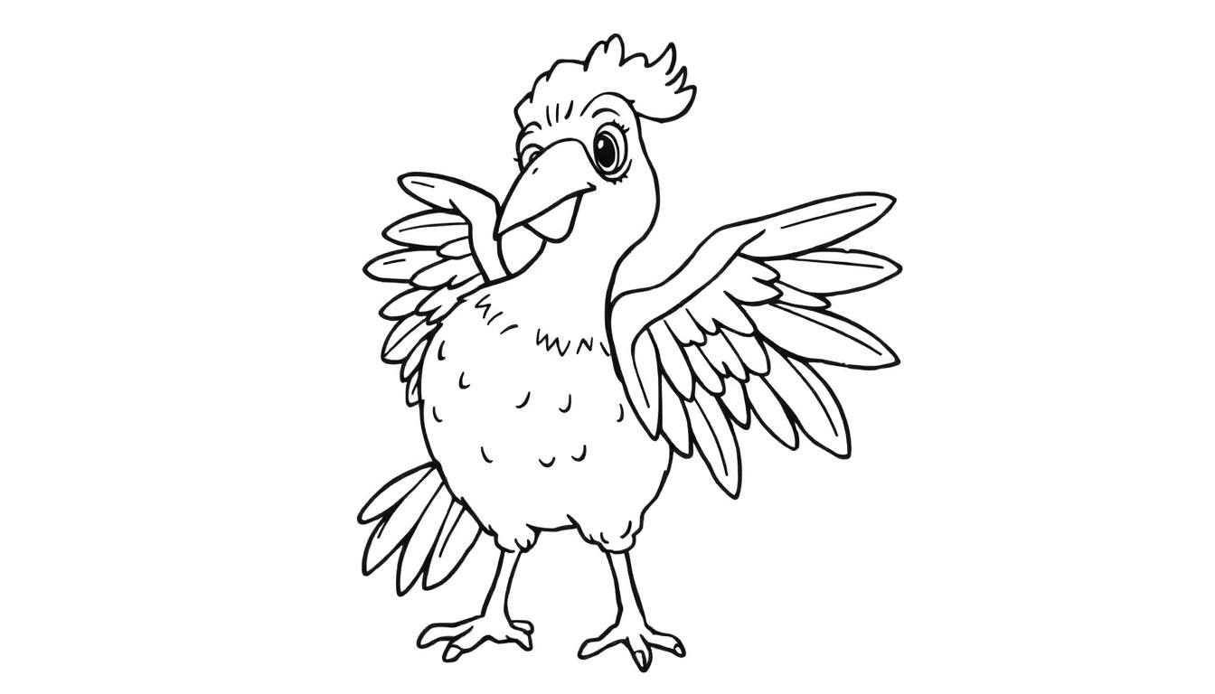 Um desenho a contorno de um pássaro alegre com as asas abertas, pronto para colorir. Este color panel é divertido!