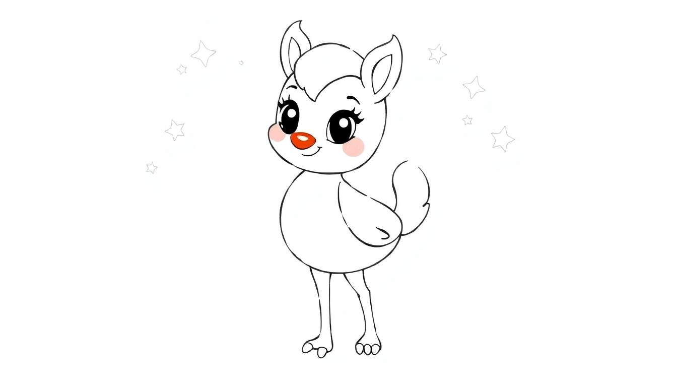 Um desenho fofo de um filhote de rena com um nariz vermelho, pronto para ser pintado.