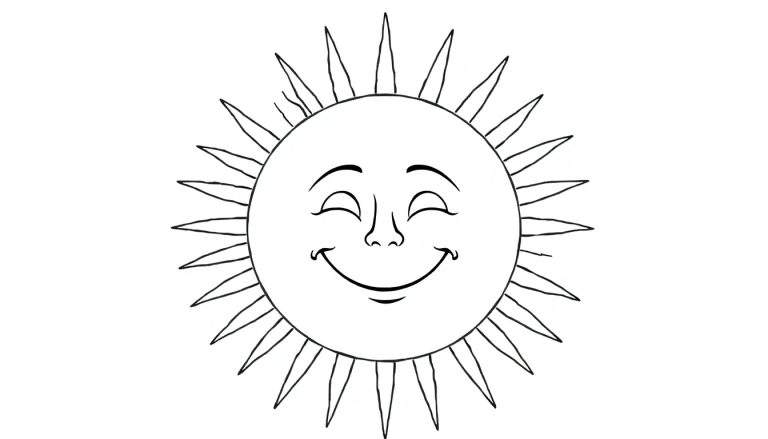 Um sol sorridente em um color panel, com raios pontudos e olhos fechados.