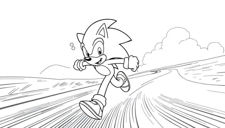 Sonic the Hedgehog correndo em alta velocidade em uma estrada em preto e branco, com efeito de borrão de movimento, estilo livro de colorir. Fundo com montanhas e nuvens. Este color panel está pronto para ser pintado!