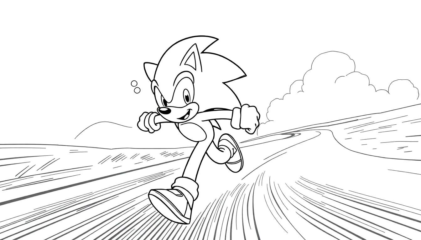 Sonic the Hedgehog correndo em alta velocidade em uma estrada em preto e branco, com efeito de borrão de movimento, estilo livro de colorir. Fundo com montanhas e nuvens. Este color panel está pronto para ser pintado!