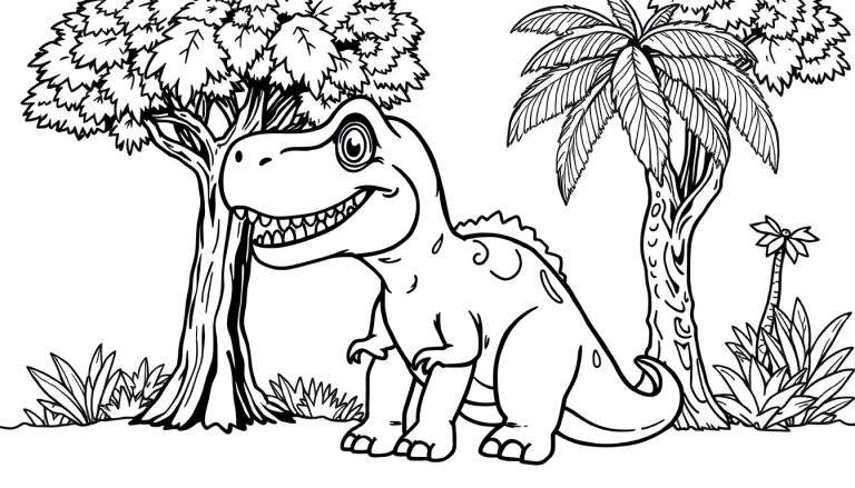 Um T-Rex sorridente em um color panel de floresta pré-histórica, cercado por árvores e samambaias.