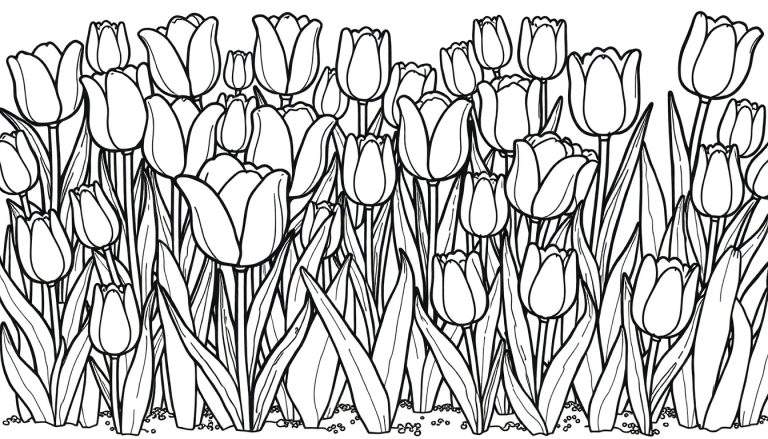 Um desenho em preto e branco de um campo de tulipas, perfeito para um color panel.