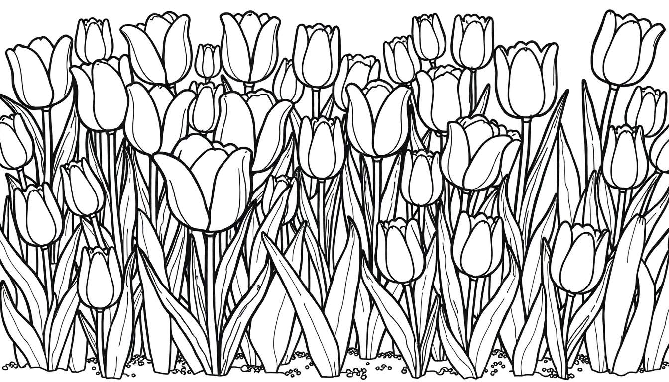 Um desenho em preto e branco de um campo de tulipas, perfeito para um color panel.