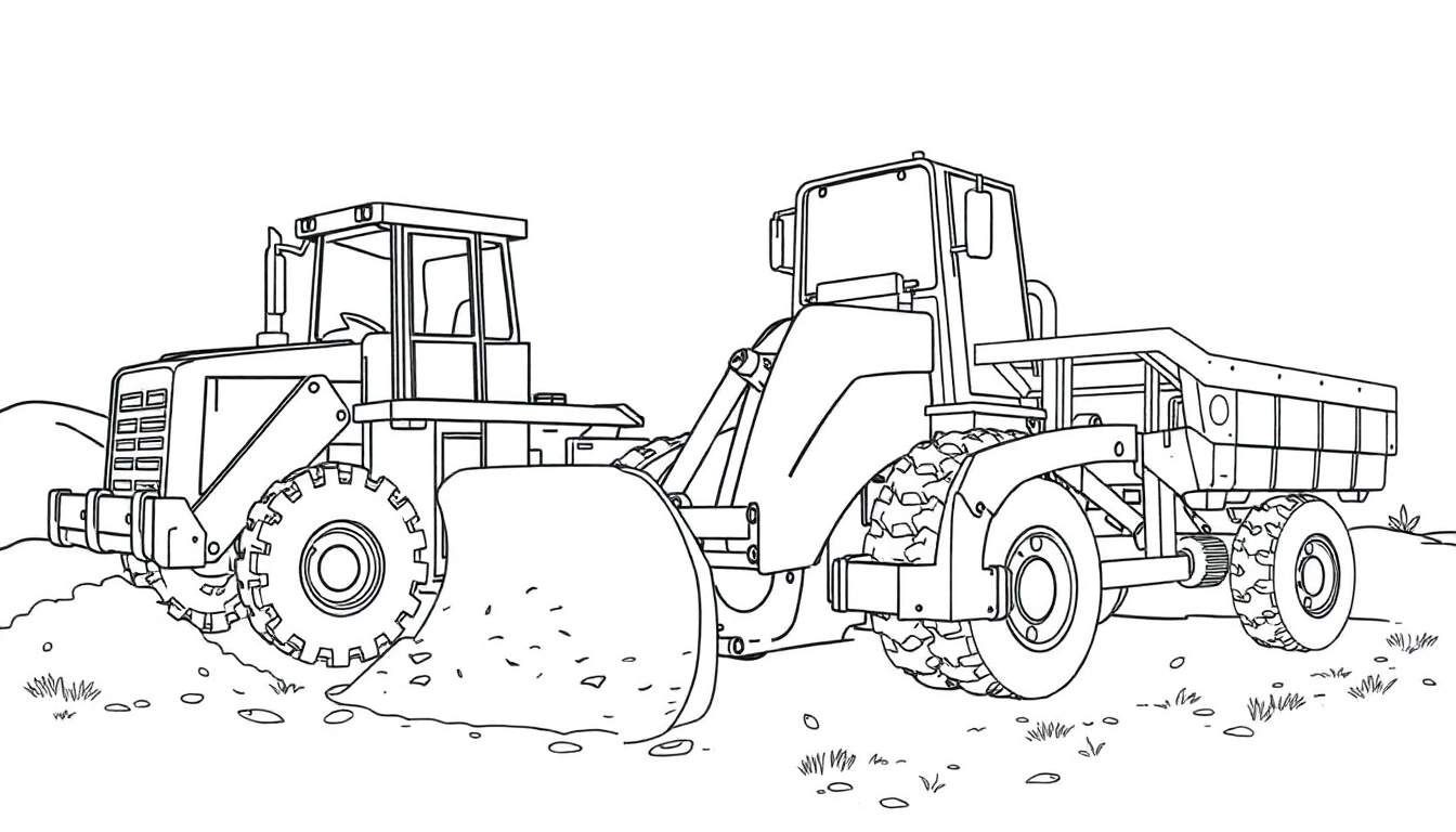 Desenho linear de uma pá carregadeira e um caminhão basculante, prontos para serem coloridos em um color panel.