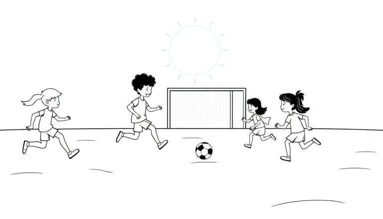 Um color panel vibrante com quatro crianças, dois rapazes e duas raparigas, a jogar futebol num campo verde.