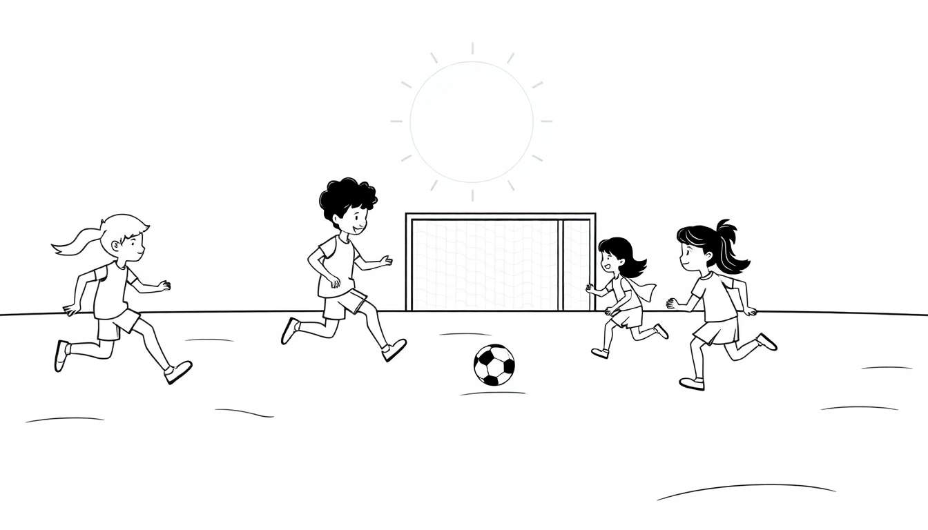 Um color panel vibrante com quatro crianças, dois rapazes e duas raparigas, a jogar futebol num campo verde.