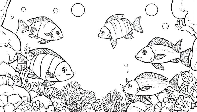 Desenho em preto e branco de um ecossistema subaquático com cinco peixes, corais, rochas e bolhas, pronto para colorir, parte de um color panel.