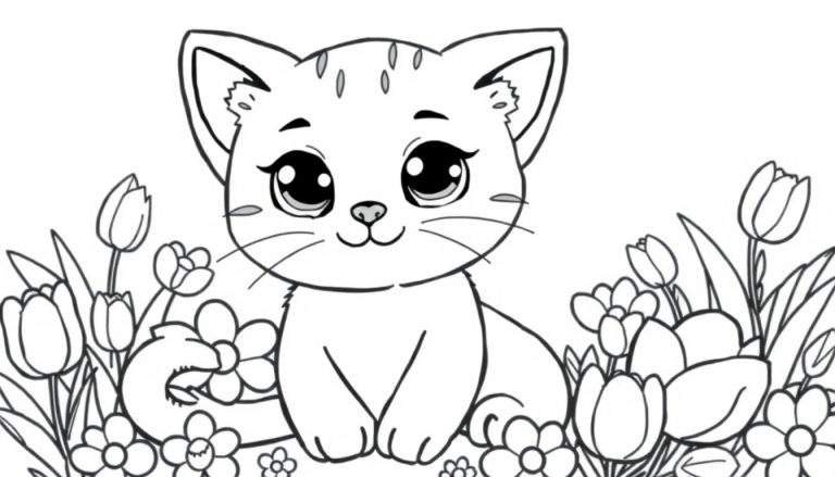 Um gatinho adorável em um color panel, cercado por flores coloridas.
