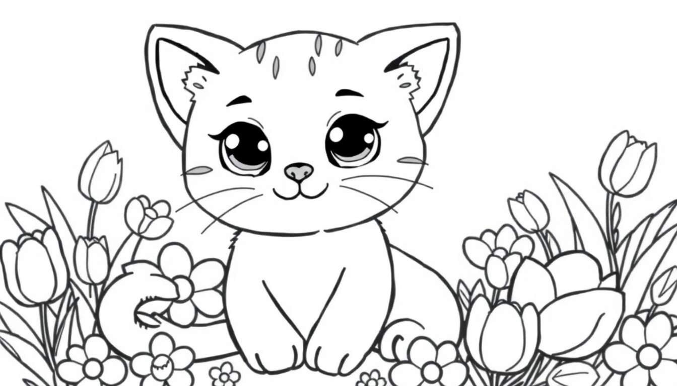 Um gatinho adorável em um color panel, cercado por flores coloridas.