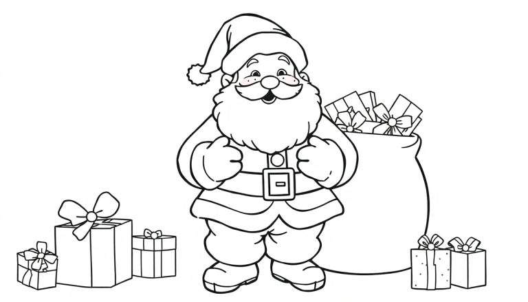 Papai Noel sorridente com saco de presentes e muitos presentes ao seu redor, em um desenho simples para colorir.