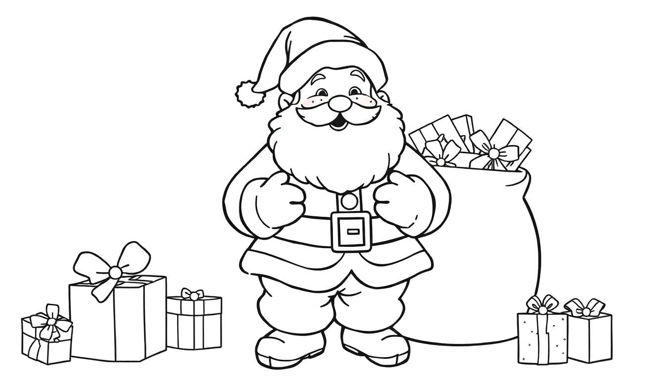 Papai Noel sorridente com saco de presentes e muitos presentes ao seu redor, em um desenho simples para colorir.