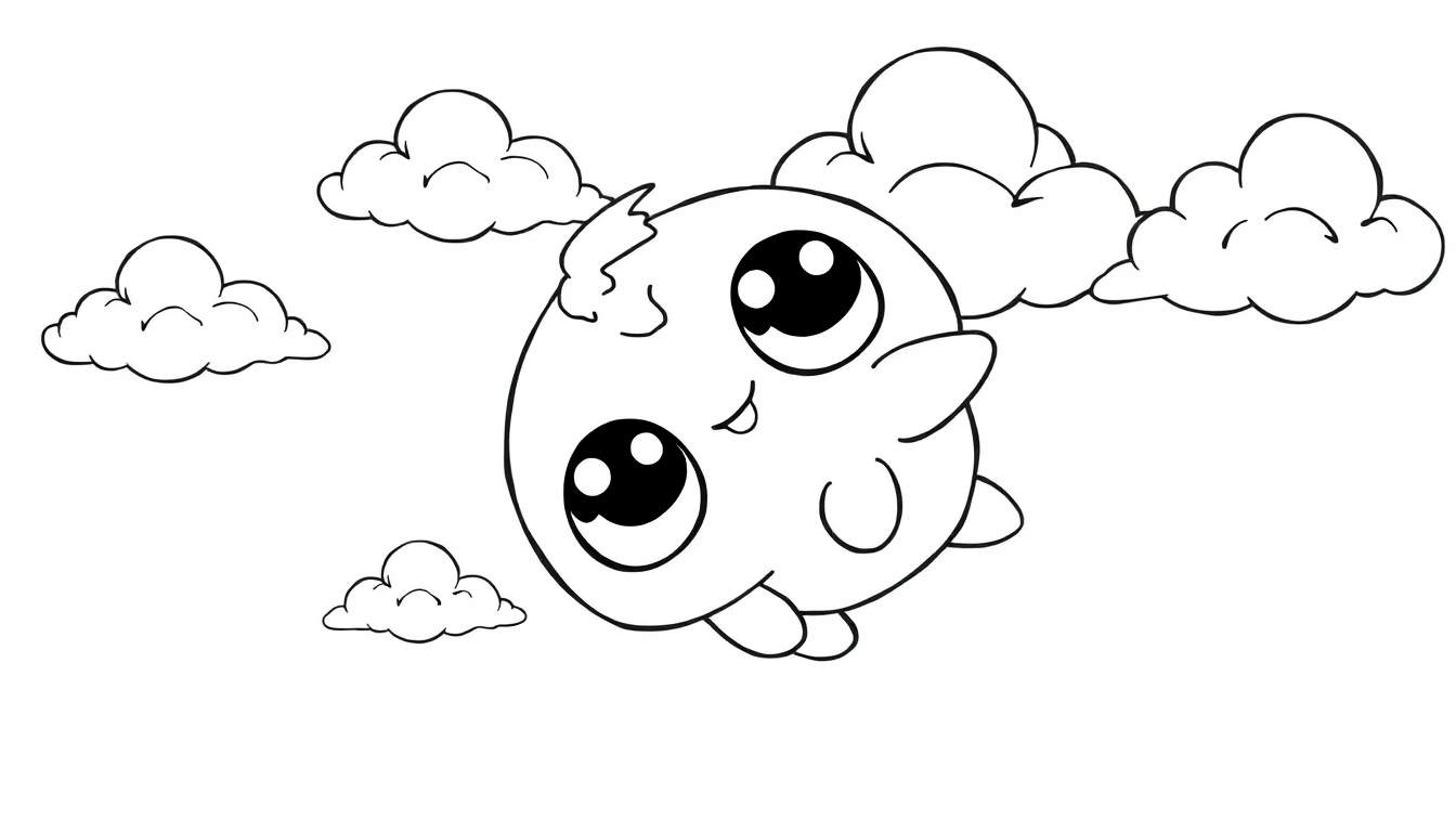 Um personagem fofo e redondo, com olhos grandes e um sorriso, flutuando entre nuvens em um color panel em preto e branco.