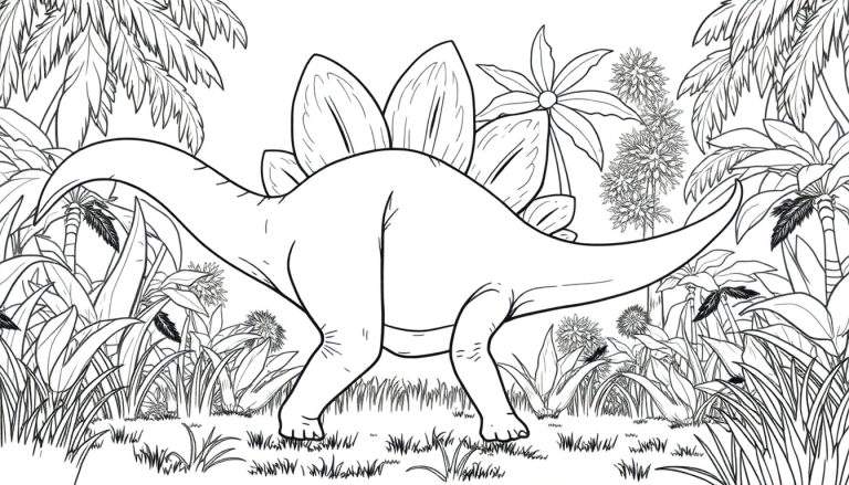 Desenho de contorno de um Stegosaurus em uma floresta tropical, pronto para colorir.