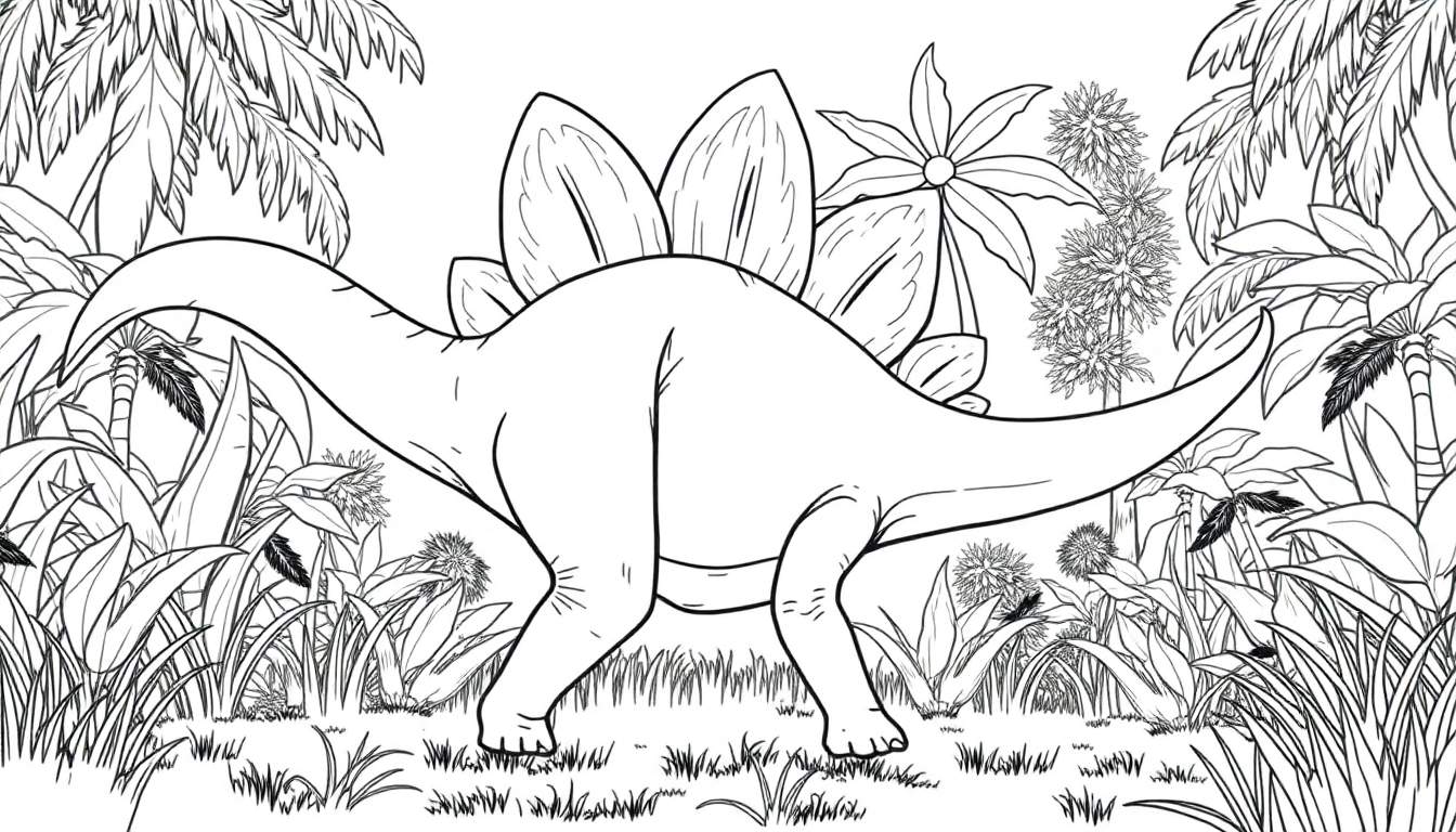 Desenho de contorno de um Stegosaurus em uma floresta tropical, pronto para colorir.