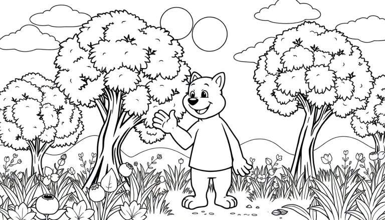 Um urso fofo com um sorriso acenando em um color panel, cercado por natureza e árvores.