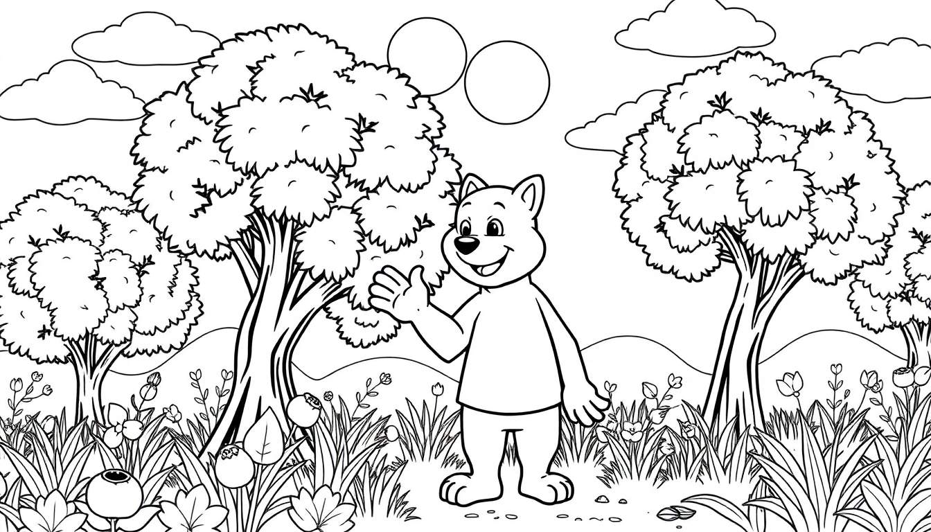 Um urso fofo com um sorriso acenando em um color panel, cercado por natureza e árvores.