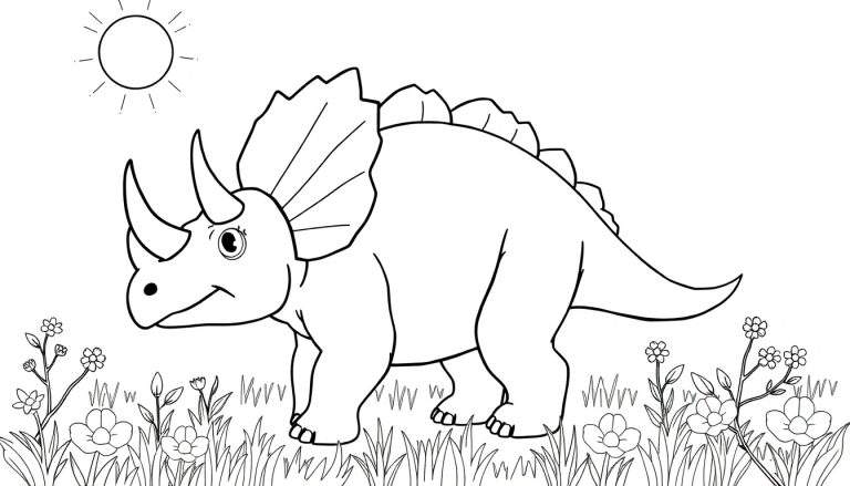 Um Triceratops simpático em um campo de flores, pronto para ser colorido em um color panel.