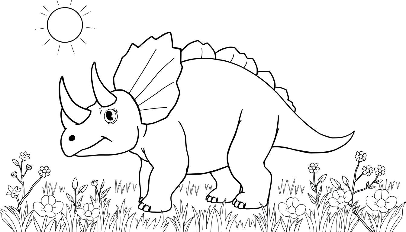 Um Triceratops simpático em um campo de flores, pronto para ser colorido em um color panel.