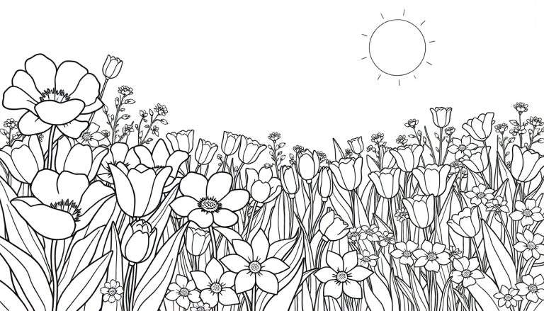 Desenho em preto e branco de um campo de flores sob um sol radiante, estilo color panel.