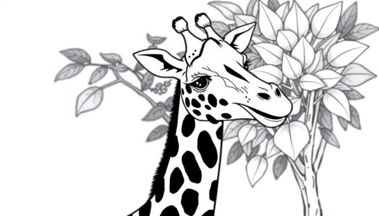 Uma girafa em preto e branco perto de uma árvore, pronta para ser colorida, com um design de color panel.