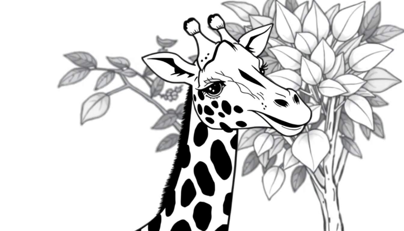 Uma girafa em preto e branco perto de uma árvore, pronta para ser colorida, com um design de color panel.