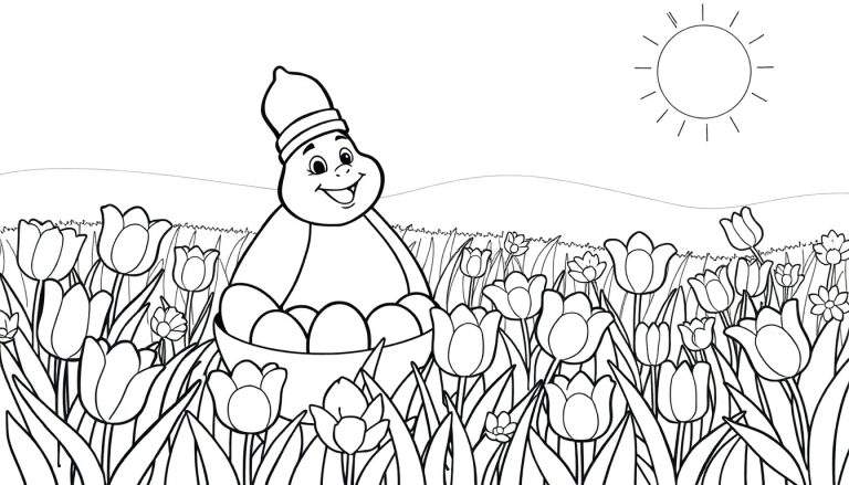 Um personagem sorridente de Páscoa com chapéu sentado num cesto de ovos, cercado por tulipas e colinas. Desenho para colorir. color panel.