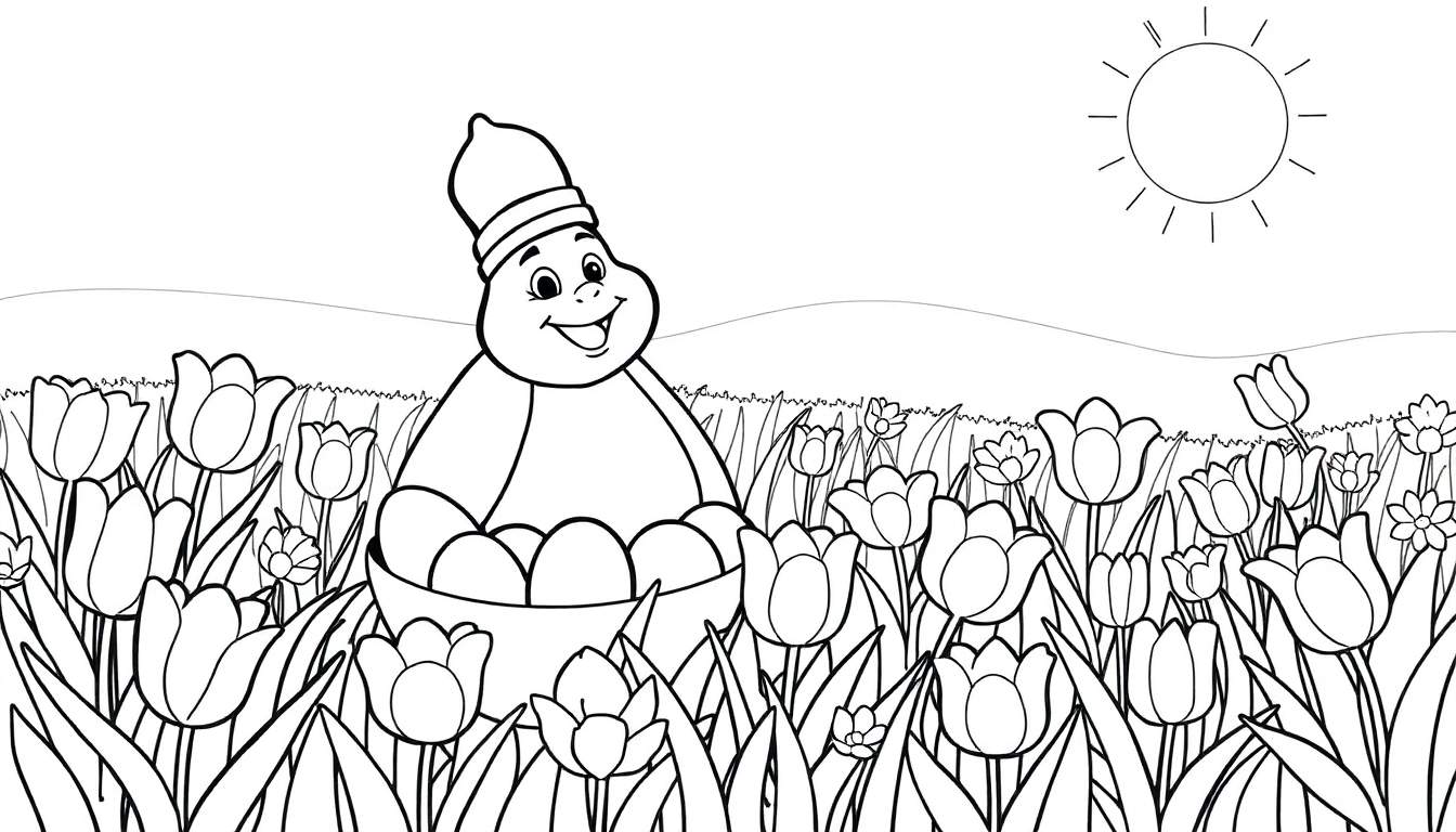 Um personagem sorridente de Páscoa com chapéu sentado num cesto de ovos, cercado por tulipas e colinas. Desenho para colorir. color panel.
