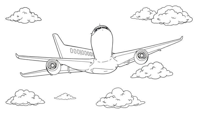 Avião voador no céu com nuvens fofas, pronto para colorir no color panel.