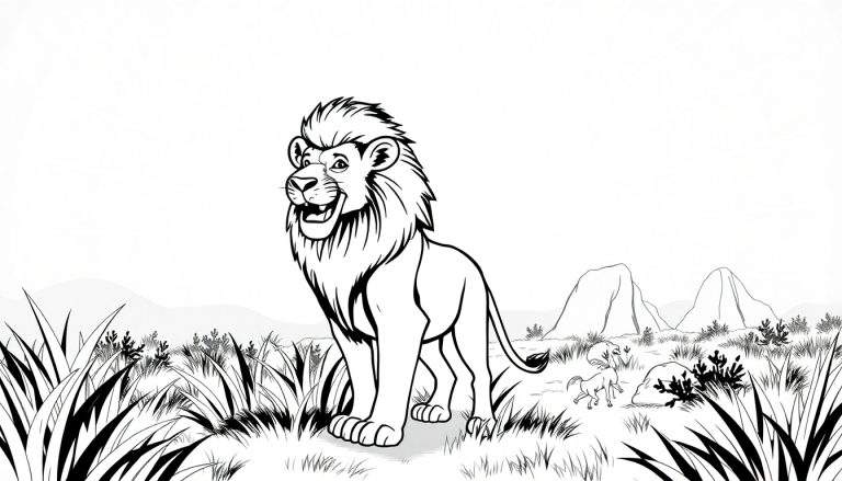 Desenho em preto e branco de um leão sorridente e corajoso em uma savana, pronto para ser colorido.