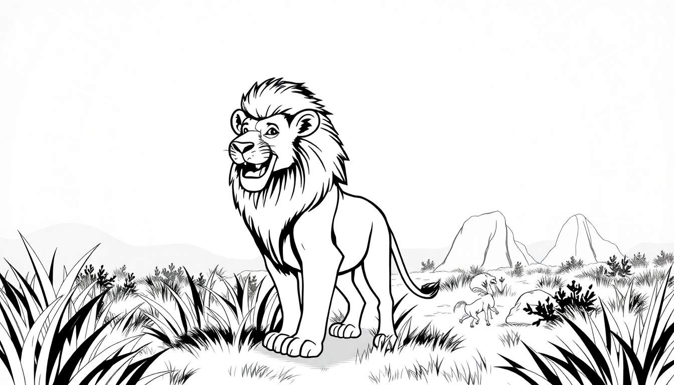 Desenho em preto e branco de um leão sorridente e corajoso em uma savana, pronto para ser colorido.