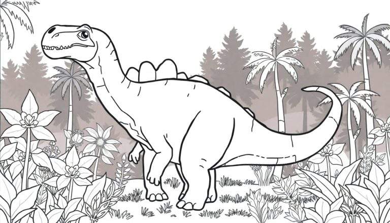 Desenho em linha de um dinossauro herbívoro volumoso e pacífico com um pescoço longo, uma crista nas costas e vegetação exuberante ao redor, pronto para colorir em um painel de cores.